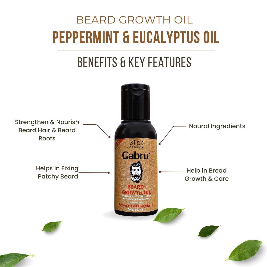 Gabru Beard Growth Oil for Men Enriched with Peppermint & Eucalyptus | Non-Sticky, Natural Formula | 100ML (Pack of 2)