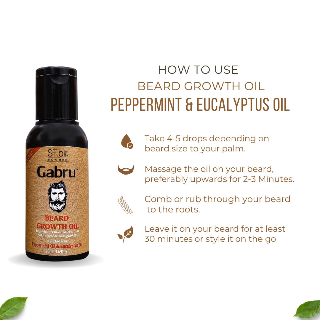 Gabru Beard Growth Oil for Men Enriched with Peppermint & Eucalyptus | Non-Sticky, Natural Formula | 100ML (Pack of 2)