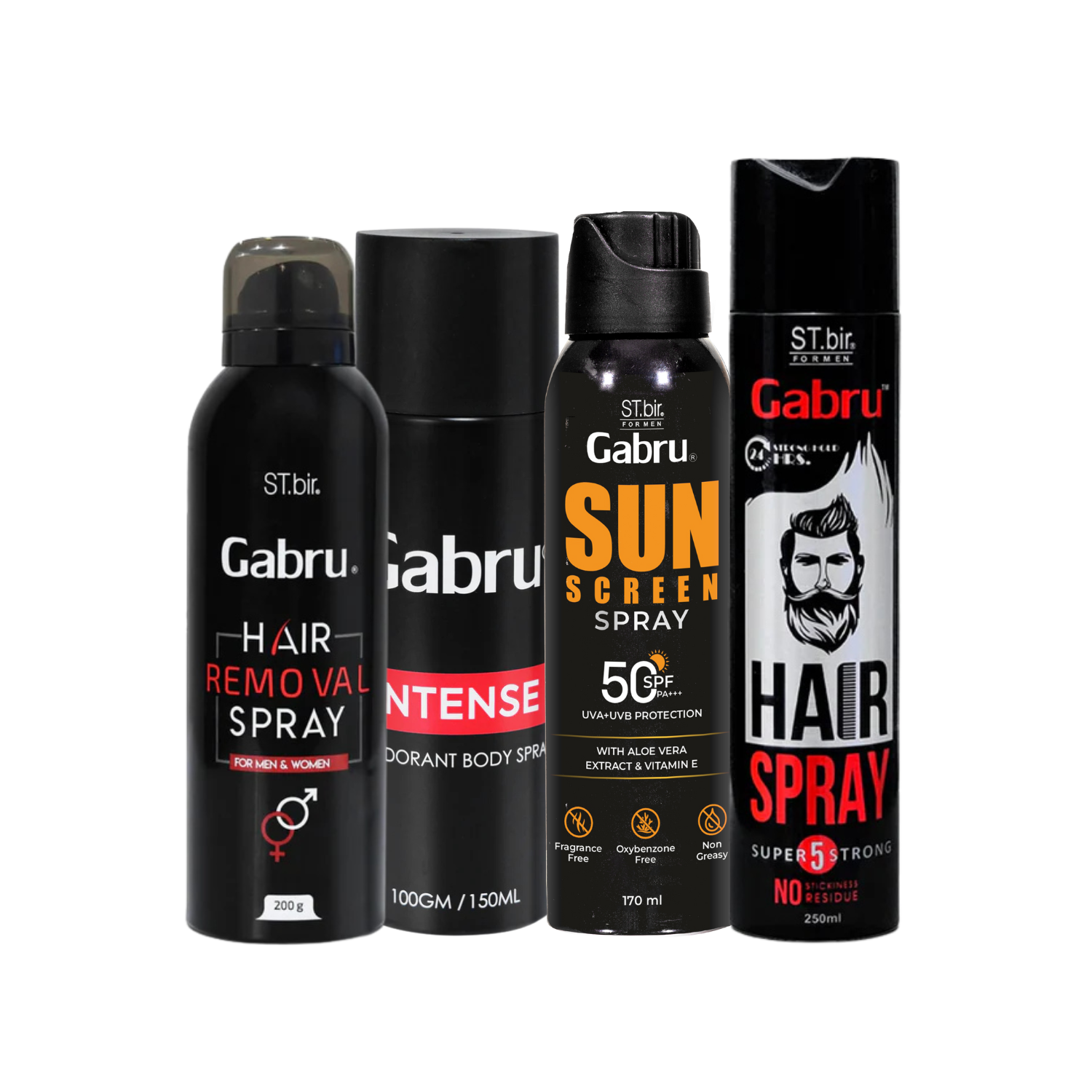 Gabru Hair Spray (250ml), Men's Secret Deodorant(150gm), Sunscreen Spray SPF50(150ml), Hair Removal Foam Spray (200gm) Combo