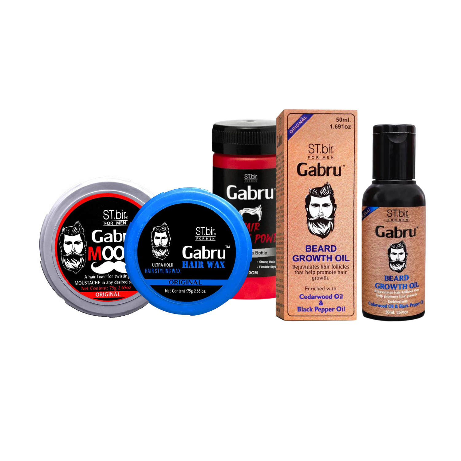 GABRU Hair Styling Wax (75gm), Beard Oil (50ml), Mooch Wax (75gm) and Volume Powder (20gm) Combo