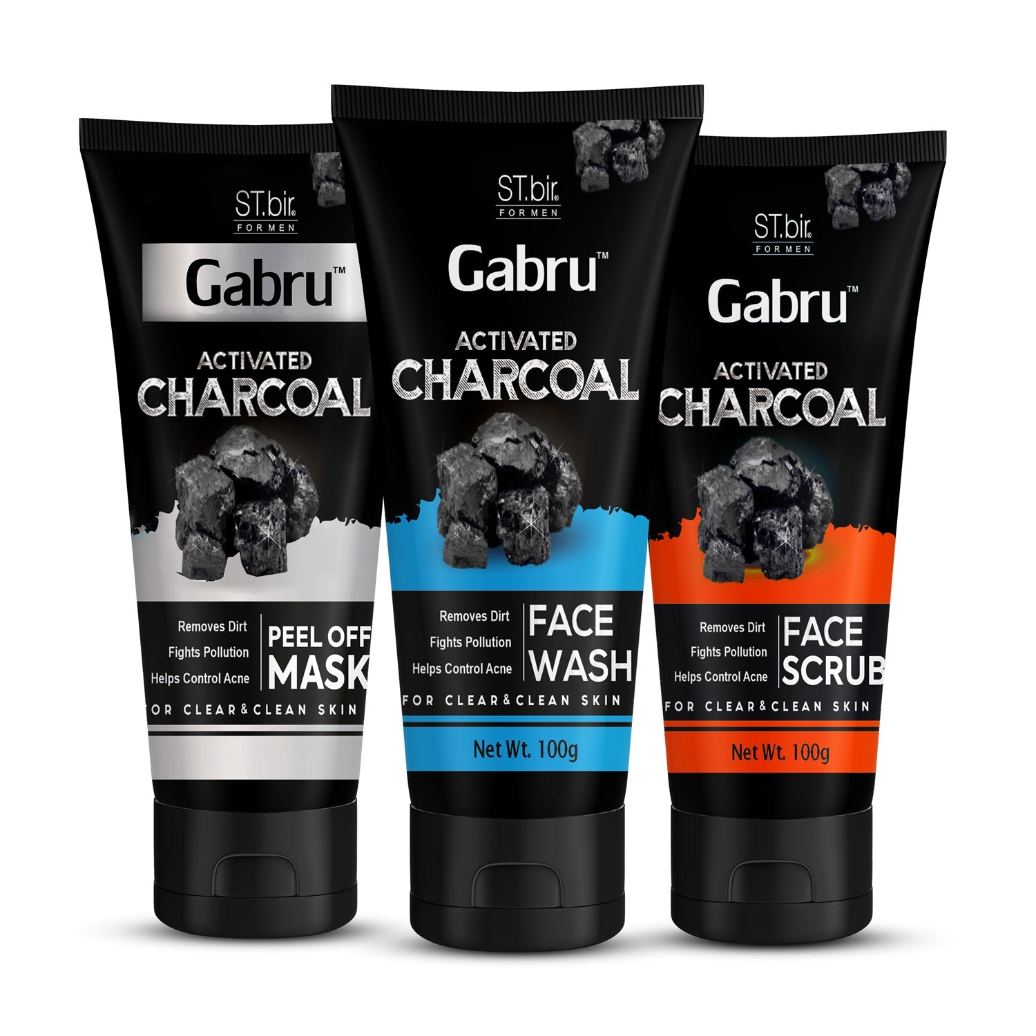 St bir Gabru Charcoal Face Wash + Charcoal Face Scrub + Charcoal Peel Off Mask Combo 300gm